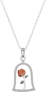 Disney Beauty And The Beast Rose Gold Two-Tone Cz Rose Pendant Necklace For Women, Silver Plated, 16"+2" Extender, Gift For Her