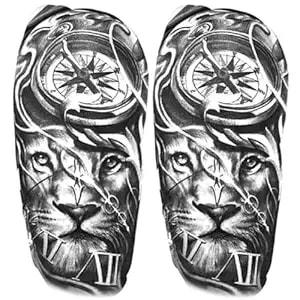 2 Sheet Lion Compass Temporary Tattoos For Adults, Lion Compass Clock Fake Tattoo Stickers, Waterproof Long Lasting Body Art For Arm Chest