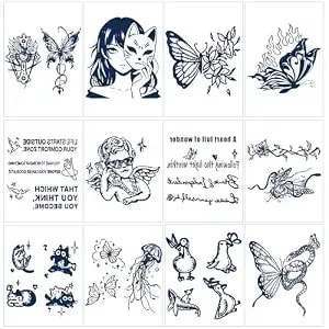 12 Sheets Realistic Semi-Permanent Tattoos For Adults 2-Week Long Lasting Plant-Based Jagua Ink Stickers Waterproof Butterfly & Gothic Snake (y2k)