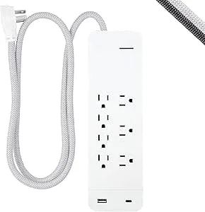 Ge Ultrapro 7 Outlet Surge Protector, Usb-C Charging, 4 Ft Designer Braided Extension Cord, 1440 Joules, Etl Listed, White, 41355