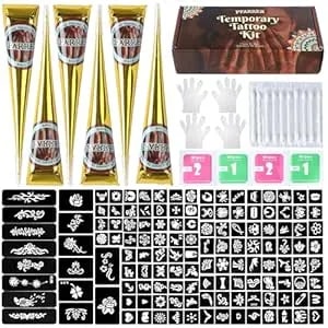 Temporary Tattoos Stencils Kit,Temporary Tattoos Kit - 6 Pcs 3 Color(3 Brown 2 Black 1 Red) Ink With Gloves,Diy Body Art Painting For Women Men Adults ta636kit