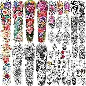 55 Sheets Temporary Tattoo For Men And Women, 8 Full Arm Fake Tattoos, 17 Half Arm Fake Skull Flower Tattoos, 30 Tiny For Adults Kids Body Shoulder Tattoos Stickers Waterproof Realistic Long-Lasting