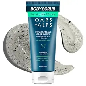 Oars + Alps Superfoliant Body Scrub, Body Scrub For Men With Glycolic Acid, Niacinamide & Pumice, Coconut Oil, Made With Clean Ingredients, Cruelty Free, Paraben Free, Vegan, Eucalyptus Woods, 8oz