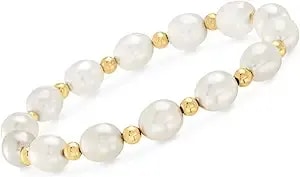 Ross-Simons 8-9mm Cultured Pearl And 14kt Yellow Gold Bead Stretch Bracelet