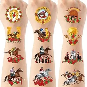 Horse Racing Temporary Tattoos - 200 Horse Derbby Decorations, Elegant Party Favors Fake Tattoo For Adults, Classic Equestrian Race Day Accessories (8 Sheets)
