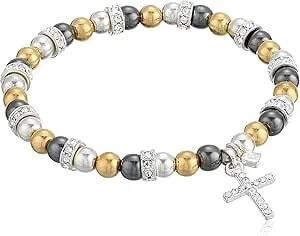 Nine West Women'S Crystal Cross Stretch Bracelet Tri Tone
