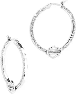 Harley-Davidson Women'S Crystal Bar & Shield Logo Hoop Earrings, Sterling Silver