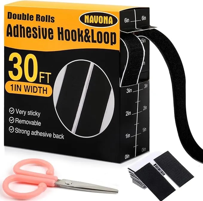 30ft X 1 Inch Hook And Loop Strips With Adhesive, Heavy Duty Self Adhesive Hook And Loop Tape With Measuring Scale Backing For Home, Office, School & Diy Projects, Black
