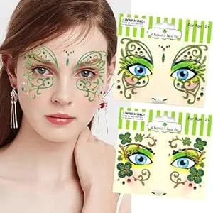Green Shamrock Face Temporary Tattoos St. Patrick'S Day Face Tattoos, Green Glitter Clover Leaf Flower Face Jewels Tattoo Stickers For Adult Kids Lucky Irish Day Eye Makeup Kit Decor 2 Sheets