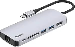 Belkin Usb-C Hub - 6-In-1 Multi-Port Adapter Dock With 4k Hdmi, Usb-C 100w Pd Pass-Through Charging, 2x Usb-A Ports, Gigabit Ethernet Ports, And Sd Slot For Macbook Pro, Air, Ipad, Pro, Xps And More