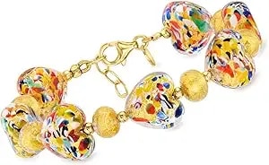 Ross-Simons Italian Multicolored Murano Glass Heart-Shaped Bead Bracelet With 18kt Gold Over Sterling. 7 Inches
