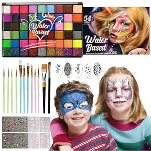 54 Color Kids Face Painting Kit, Non Toxic Water Activated Face Paint Palette With Stencils, Brush, Sparkle Gems. Perfect For Birthday Parties, Carnival, Costume Makeup