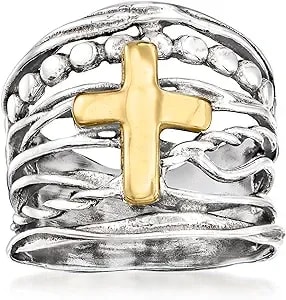 Ross-Simons Sterling Silver And 14kt Yellow Gold Multi-Row Cross Ring