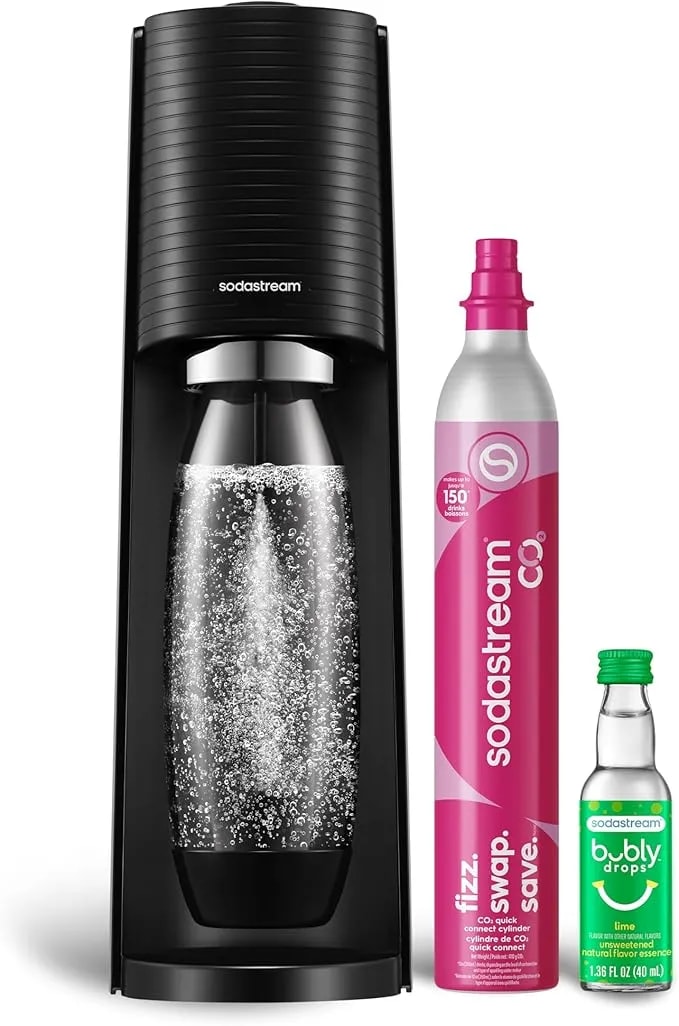Sodastream Terra Sparkling Water Maker, Starter Kit, Cqc co2 System, Includes 1 Quick Connect 60l co2 Cylinder, 1 Dishwasher Safe Bpa Free Bottle, 1 Bubly Lime Drop, Make Your Own Pepsi, Black