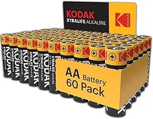 Kodak Aa Alkaline Batteries (60 Pack) Double A High-Performance Battery Pack, 10-Year Shelf Life, Long-Lasting 145% Extra Life (60 Count Xtralife) For Household And Office Electronics