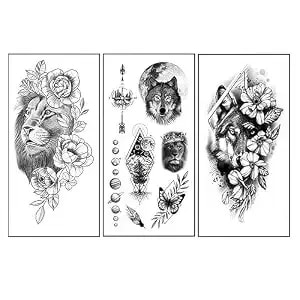 3 Sheets Large Temporary Tattoos Lion And Wolf Temporary Tattoo For Adults Women Men Waterproof Friction Resistant Low Reflective Lasts 5-7 Day