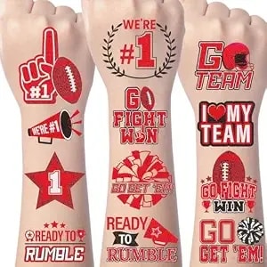 Red Team Spirit Temporary Tattoos - Gameza 144pcs Football Red Spirit Week Party Favors Supplies, Glitter Football Team Tattoo Stickers For Classroom Cheerleading Sports Games Rewards Decorations