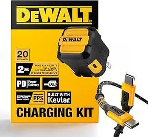 Dewalt 20w Dual Usb-C Wall Charger Kit – Pd & Pps Type C Fast Charging Adapter W/Folding Prongs, Never-Block-Outlet Design, Includes 4ft Usb-C Cable & Cable Wrap, Kevlar-Reinforced Phone Charger