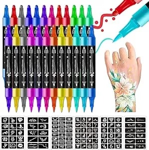 24 Colors Temporary Tattoo Markers For Skin,Dual-Ended Tattoo Pen With 103pcs Tattoo Stencils,Flexible Brush Tip,Skin-Safe Body Face Paint Markers