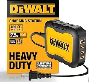 Dewalt Heavy Duty 4 Port Usb C Charger Block, 100w Usb C Charger Intelligent Power Sharing, 6ft Power Cord, Charge 4 Devices Compatible W/Dewalt 20v Batteries, Perfect For Work Tables & Jobsites