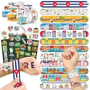 96 Pcs Cuba Party Favors Set – 72 Pre-Cut Temporary Tattoos & 24 Slap Bracelets, Perfect For Havana Nights, Cultural Festivals & Travel-Themed Celebrations