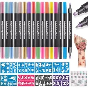 Lictin Temporary Tattoo Markers For Skin, 16 Colors Dual-End Skin Tattoo Pens With 80 Tattoo Stencils, Matte & Metallic Body Markers For Kids Teens And Adults, Flexible Brush Tip, Cosmetic-Grade