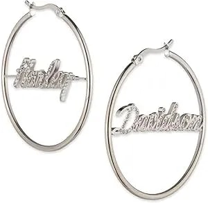 Harley-Davidson Women'S Cursive Hd Script Mismatch Crystal Hoop Earrings, Silver