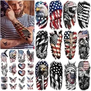 77 Sheets Independence Day Temporary Tattoo For Women Men, 17 Half Arm 4th Of July Fake Tattoos, 60 Tiny American Flag Eagle Dog Cat Cow Memorial Labor Day Patriotic Body Tattoos
