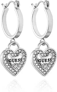 Guess Silvertone Logo Heart Dangle Charm Hoop Earrings