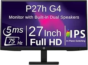 HP P27h G4 27 Inch IPS Desktop Office Monitor Full HD 75 Hz Built-In Speaker Tilt Swivel Pivot Height Adjustable Low Blue Light HDMI VGA Displayport For Laptop PC Screen Display, Black (Renewed)