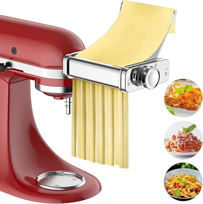 Gvode 3-In-1 Pasta Attachment For Kitchenaid Stand Mixers, Roller & Cutter - All-Metal 3-In-1 Pasta Roller And Cutter Set With Spaghetti And Fettuccine Cutters, 8 Thickness Settings And Cleaning Brush