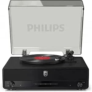 Philips All-In-One Bluetooth Turntable Record Player With Built-In Speakers, 3-Speed Vinyl Player, Audio-Technica Stylus, Wireless Streaming In & Out, Rca/Aux/Headphone, Auto-Stop, Plug-And-Play Setup