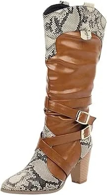 Womens Cross Strap Buckle Boots - Fashion Snake Print Patchwork Stacked Heel Pointed Toe High-Heeled Mid Calf Boots Casual Slip On Chnuky Heel Shoes