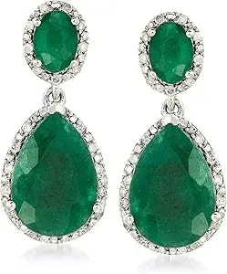 Ross-Simons 10.50 Ct. T.W. Emerald And .35 Ct. T.W. Diamond Drop Earrings In Sterling Silver