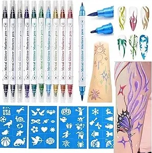 Temporary Tattoo Markers For Skin, 10 Body Markers Make Bold And Fine Lines, Cosmetic Quality + Tattoo Stencils For Kids And Adults, Dual-End Tattoo Pens For Body & Face Art, Halloween Makeup Kit