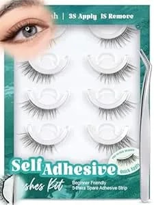 Obeyalash Self Adhesive Half Eyelashes Cat Eye, Waterproof 3/4 Corner False Lashes,5 Pairs Natural Look Stick On False Eyelashes, No Glue Needed, Wispy Glueless Lashes With Tweezers(14mm m874)