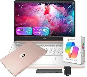 Hp Flagship 14" Hd Business & Student Laptop, With Office 365 & Copilot Ai, Intel Quad-Core, 4gb Ram, 1.12tb Storage (128gb Ufs + 1tb Docking Station Set), Intel Graphics, Wi-Fi 6, Win 11, Rose Gold
