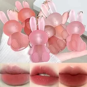 6 Colors Velvet Matte Liquid Lipstick Set, Cute Rabbit Lip Glaze 2 In 1 Key Chain Lip Gloss Lip Stain, Waterproof Non-Stick Cup Long Lasting Lip Clay Cute Lip Makeup For Girls (A)