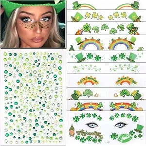 Rodaky St. Patrick'S Day Face Tattoo Stickers Temporary Tattoos Green Face Gems Sparkle Patches Festival Make Up Jewels Rhinestone Stickers For Women Girls & Men