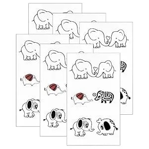 Elephant Temporary Fake Small Tattoo Realistic For Women Men Adults, Long Lasting Tattoos For Neck Chest Arm Leg Couples Wedding Adorable Tattoo (Black, 6 Sheet)