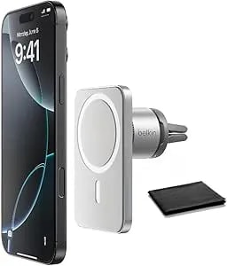 Belkin Magsafe Car Vent Mount Pro, Magnetic Phone Holder For Iphone 16/15/14/13/12, Secure Grip, Portrait & Landscape View, Cable Management, Air Vent Clip, Magsafe Compatible, Silver, Includes Cloth