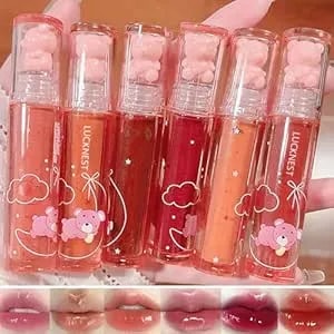 6pcs Bear Lip Glaze Jelly Lipstick, Liquid Lipstick Cute Bear Lipgloss Moisturizing Lip Stain Plumping Water Lip Gloss Waterproof Long Lasting Cheek Rouge Tint Cosmetics Beauty Makeup