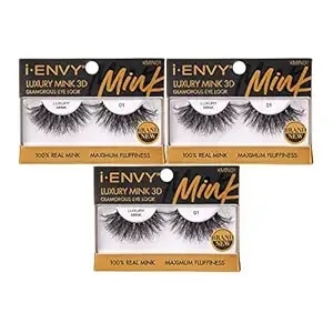 I-Envy Luxury Mink Collection False Eyelashes 100% Real Mink Glamorous Eye Look Lashes Maximum Fluffiness 3d Multi-Curl Angle (3 Pack)