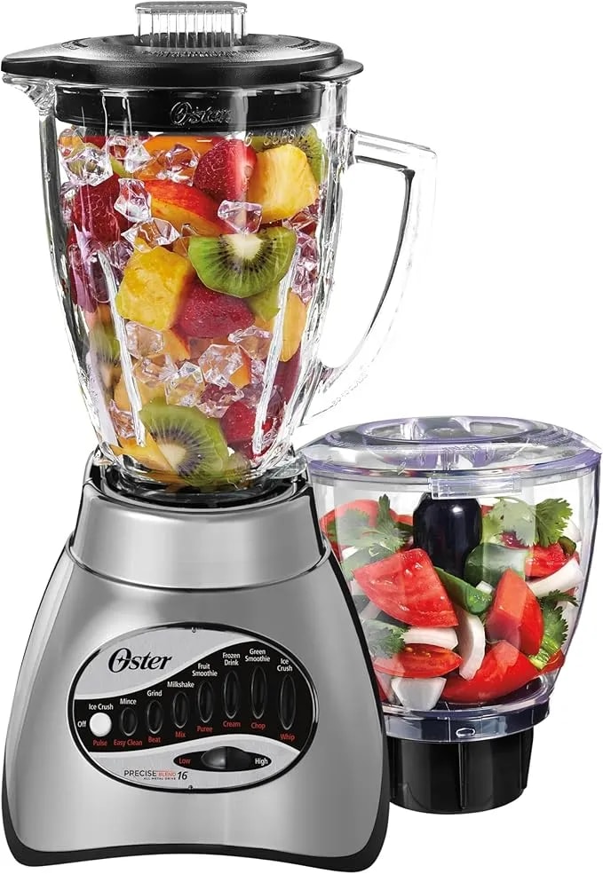 Oster Classic Series 16-Speed Blender With Food Chopper & 6-Cup Glass Jar, Countertop Kitchen Blender, Brushed Nickel