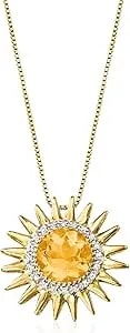 Ross-Simons 2.00 Carat Citrine And .10 Ct. T.W. Diamond Sun Pendant Necklace In 18kt Gold Over Sterling