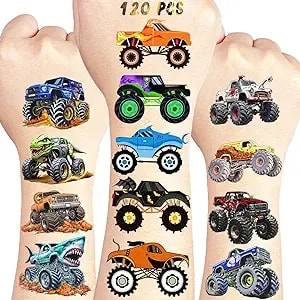 120 Pcs Monter Truck Pre-Cut Temporary Tattoos For Kids - Monster Truck Themed Birthday Party Favors, Decorations, Supplies; Fake Tattoos Sticker For Goodie Bags Stuffers (Multiple)