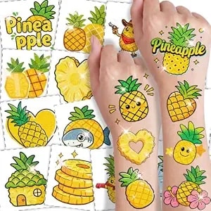 108 Pcs Glitter Pineapple Temporary Tattoos For Kids - Waterproof Pre-Cut Fruit Tattoos, Hawaiian Luau Party Favors For Summer Pool & Beach Events, Birthday Goodie Bag Stuffers