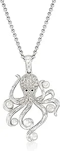 Ross-Simons 3.5-4.5mm Cultured Pearl And .19 Ct. T.W. Diamond Octopus Pendant Necklace In Sterling Silver. 18 Inches