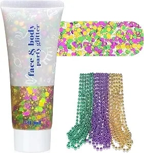 Purple Green Gold Mardigras Face Hair Glitter Makeup Set, For Parade Mask Parties Carnivals, With 10 Pcs 7mm Beads Necklaces