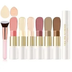 6 Pcs Cream Contour Stick Makeup Kit, Shades With Highlighter, Bronzer And Blush Sticks For Sculpt The Face All Skin Type, With Brush, Makeup Sponge, Buildable For Beginner Professional Set A